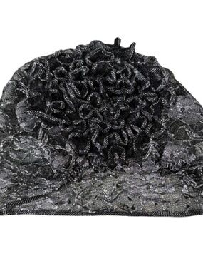 Black Silver stretchy Lace Floral Beanie turban - Women Accessories